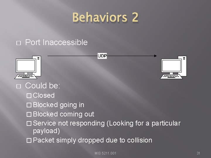 Behaviors 2 � Port Inaccessible � Could be: � Closed � Blocked going in