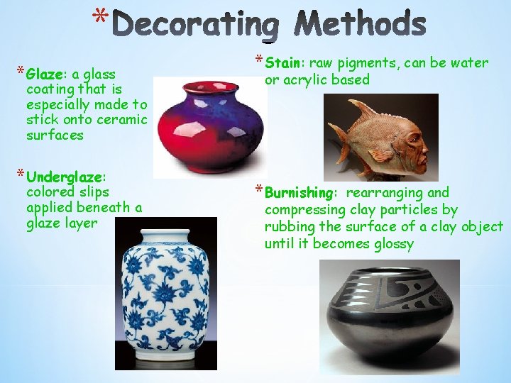 * * Glaze: a glass coating that is especially made to stick onto ceramic * * Glaze: a glass coating that is especially made to stick onto ceramic