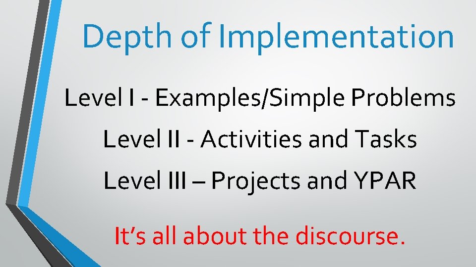 Depth of Implementation Level I - Examples/Simple Problems Level II - Activities and Tasks