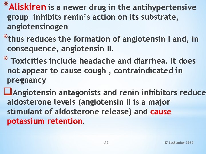 *Aliskiren is a newer drug in the antihypertensive group inhibits renin’s action on its