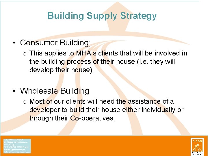 Building Supply Strategy • Consumer Building; o This applies to MHA’s clients that will