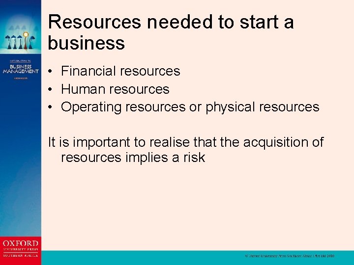 Resources needed to start a business • Financial resources • Human resources • Operating