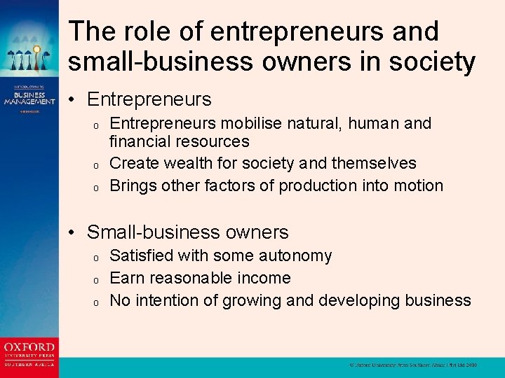 The role of entrepreneurs and small-business owners in society • Entrepreneurs o o o