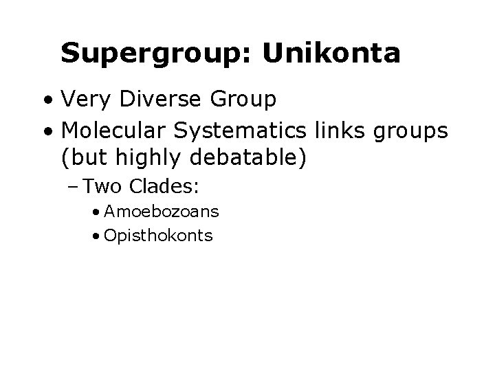 Supergroup: Unikonta • Very Diverse Group • Molecular Systematics links groups (but highly debatable)