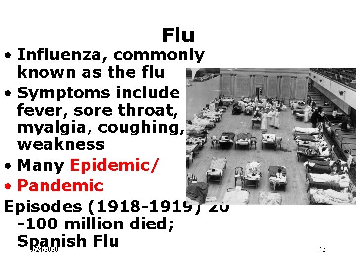 Flu • Influenza, commonly known as the flu • Symptoms include fever, sore throat,