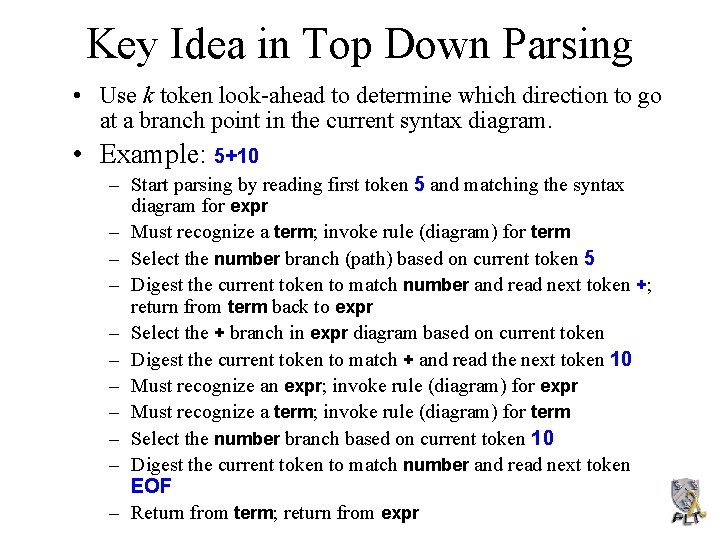 Key Idea in Top Down Parsing • Use k token look-ahead to determine which