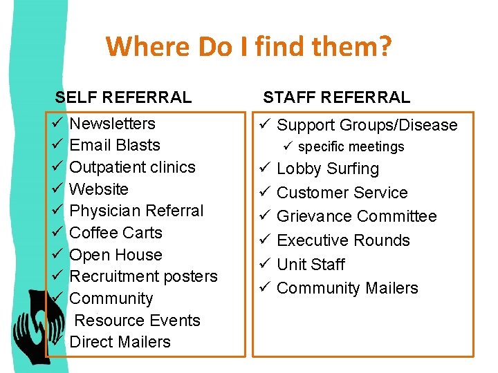 Where Do I find them? SELF REFERRAL STAFF REFERRAL ü ü ü ü ü