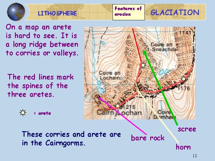 LITHOSPHERE Features of erosion GLACIATION On a map an arete is hard to see.