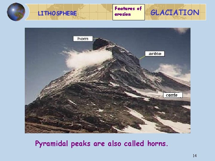 LITHOSPHERE Features of erosion GLACIATION MATTERHORN Pyramidal peaks are also called horns. 14 