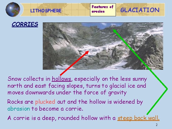 LITHOSPHERE Features of erosion GLACIATION CORRIES Snow collects in hollows, especially on the less