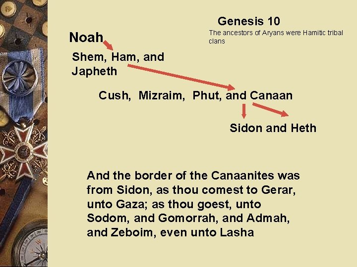 Genesis 10 Noah The ancestors of Aryans were Hamitic tribal clans Shem, Ham, and