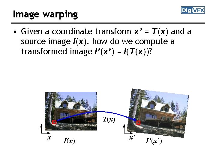 Image warping • Given a coordinate transform x’ = T(x) and a source image