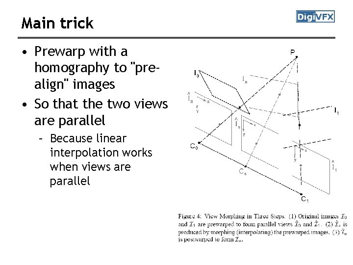 Main trick • Prewarp with a homography to "prealign" images • So that the