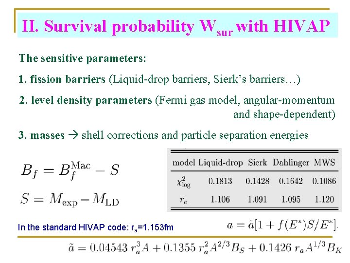 II. Survival probability Wsur with HIVAP The sensitive parameters: 1. fission barriers (Liquid-drop barriers,