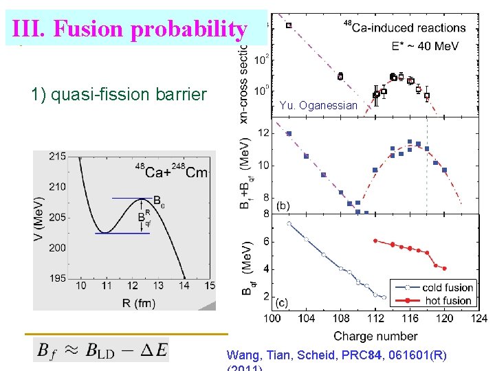 III. Fusion probability 1) quasi-fission barrier Yu. Oganessian Wang, Tian, Scheid, PRC 84, 061601(R)