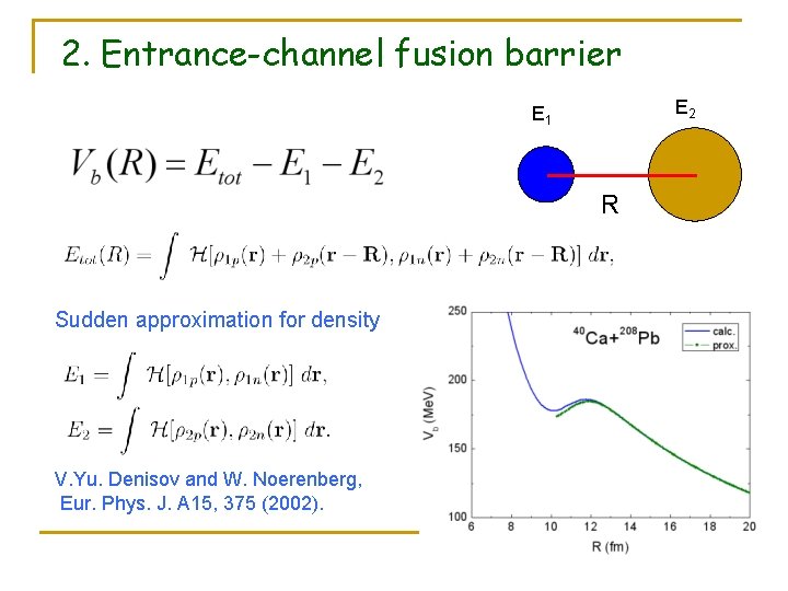 2. Entrance-channel fusion barrier E 2 E 1 R Sudden approximation for density V.