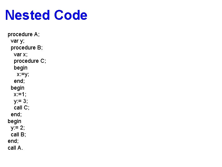 Nested Code procedure A; var y; procedure B; var x; procedure C; begin x: