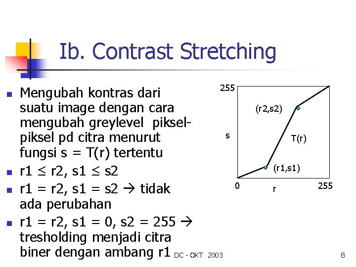 Ib. Contrast Stretching n n Mengubah kontras dari suatu image dengan cara mengubah greylevel