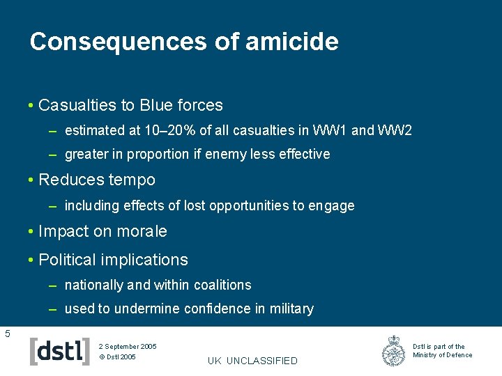 Consequences of amicide • Casualties to Blue forces – estimated at 10– 20% of