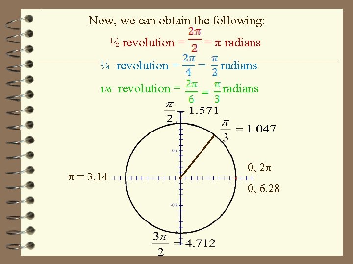 Now, we can obtain the following: ½ revolution = = π radians ¼ revolution