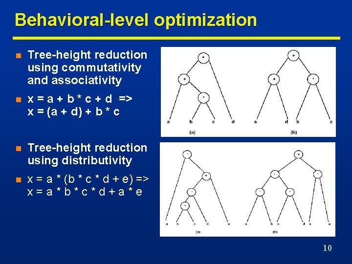 Behavioral-level optimization n Tree-height reduction using commutativity and associativity n x = a +