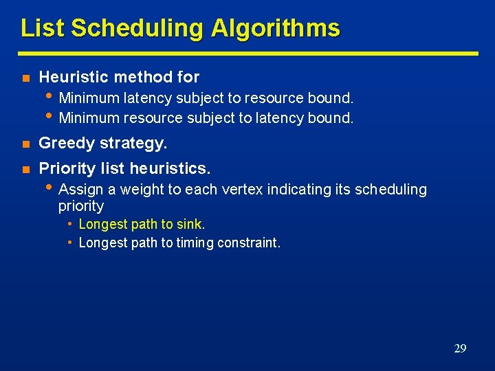 List Scheduling Algorithms n Heuristic method for n Greedy strategy. n Priority list heuristics.