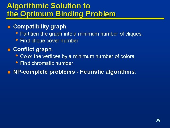 Algorithmic Solution to the Optimum Binding Problem n Compatibility graph. n Conflict graph. n