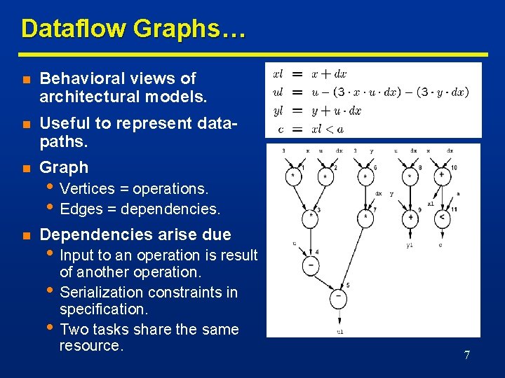 Dataflow Graphs… n Behavioral views of architectural models. n Useful to represent datapaths. n