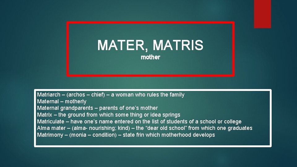 MATER, MATRIS mother Matriarch – (archos – chief) – a woman who rules the