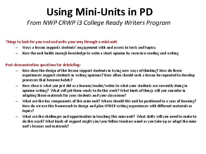 Using Mini-Units in PD From NWP CRWP i 3 College Ready Writers Program Things