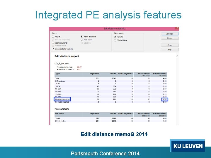 Integrated PE analysis features Edit distance memo. Q 2014 Portsmouth Conference 2014 Integrated PE analysis features Edit distance memo. Q 2014 Portsmouth Conference 2014