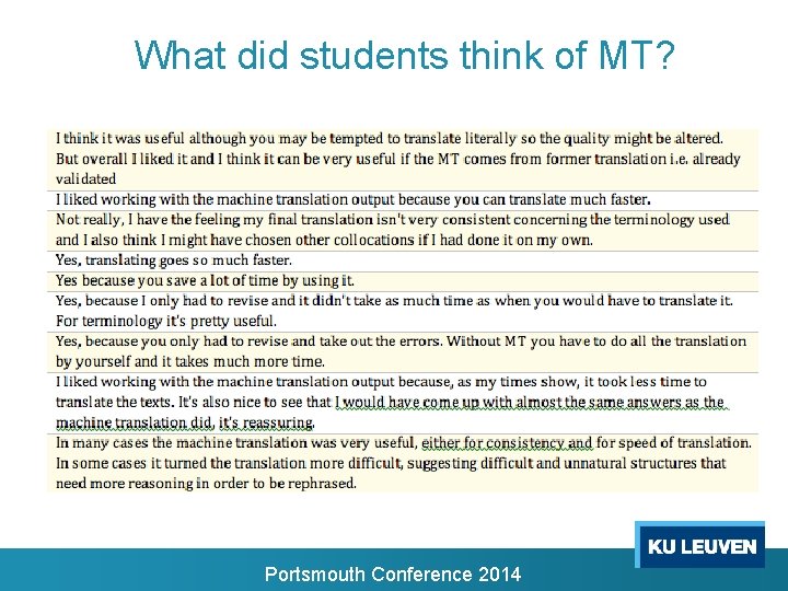 What did students think of MT? Portsmouth Conference 2014 What did students think of MT? Portsmouth Conference 2014