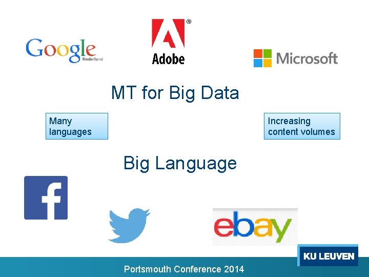 MT for Big Data Many languages Increasing content volumes Big Language Portsmouth Conference 2014 MT for Big Data Many languages Increasing content volumes Big Language Portsmouth Conference 2014
