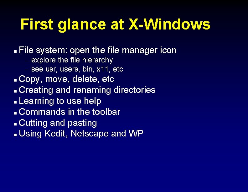 First glance at X-Windows n File system: open the file manager icon – –