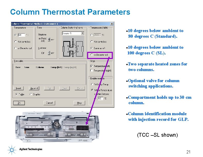 Column Thermostat Parameters 10 degrees below ambient to 80 degrees C (Standard). l 10