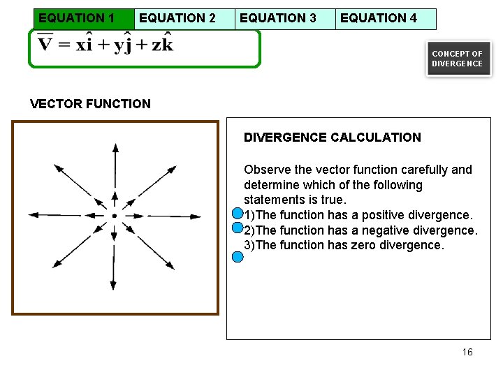 EQUATION 1 EQUATION 2 EQUATION 3 EQUATION 4 CONCEPT OF DIVERGENCE VECTOR FUNCTION DIVERGENCE