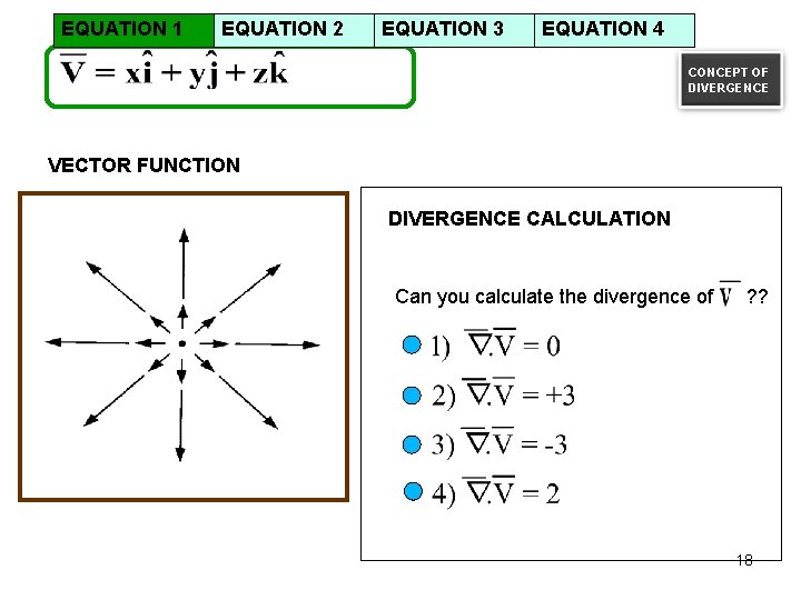 EQUATION 1 EQUATION 2 EQUATION 3 EQUATION 4 CONCEPT OF DIVERGENCE VECTOR FUNCTION DIVERGENCE