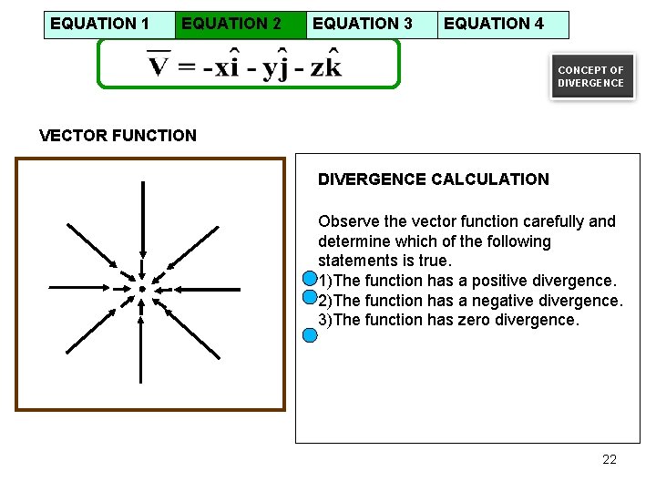 EQUATION 1 EQUATION 2 EQUATION 3 EQUATION 4 CONCEPT OF DIVERGENCE VECTOR FUNCTION DIVERGENCE