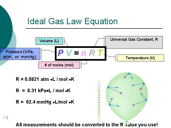 Ideal Gas Law Equation Volume (L) Pressure (k. Pa, atm, or mm. Hg) PV=n.