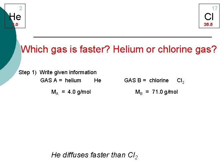 2 17 He Cl 4. 0 35. 5 Which gas is faster? Helium or