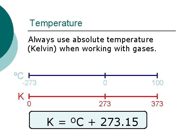 Temperature Always use absolute temperature (Kelvin) when working with gases. ºC -273 K 0