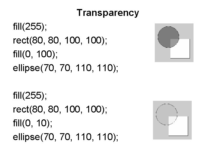 Transparency fill(255); rect(80, 100, 100); fill(0, 100); ellipse(70, 110, 110); fill(255); rect(80, 100, 100);