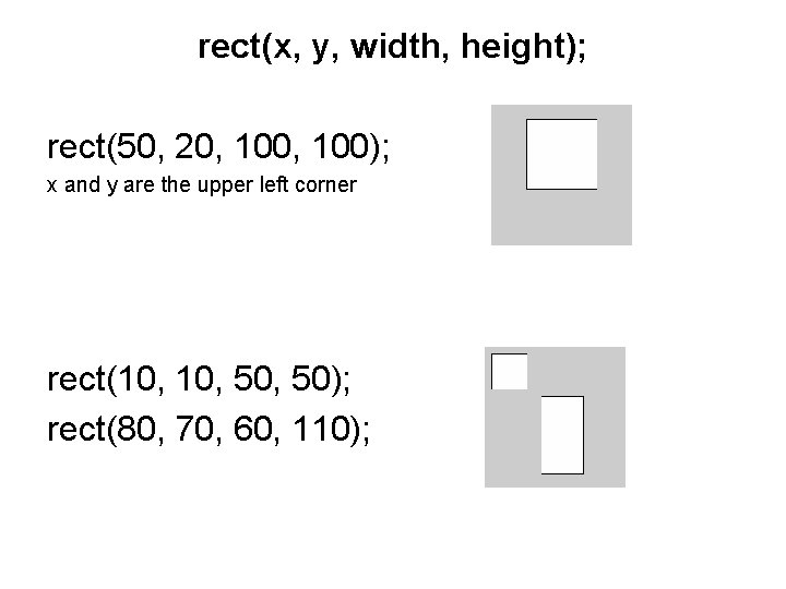 rect(x, y, width, height); rect(50, 20, 100); x and y are the upper left