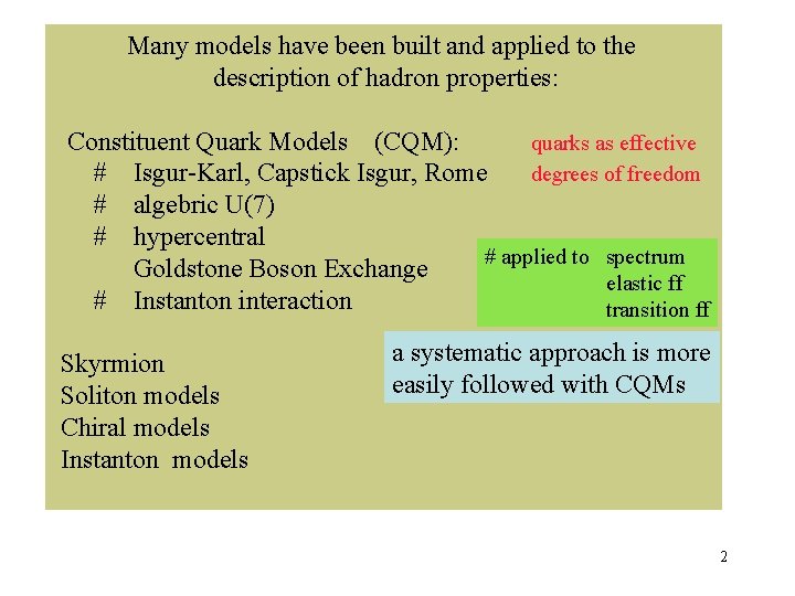 Many models have been built and applied to the description of hadron properties: Constituent