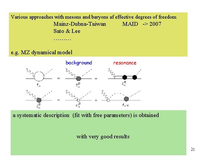 Various approaches with mesons and baryons af effective degrees of freedom Mainz-Dubna-Taiwan Sato &