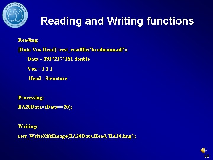 Reading and Writing functions Reading: [Data Vox Head]=rest_readfile('brodmann. nii'); Data – 181*217*181 double Vox