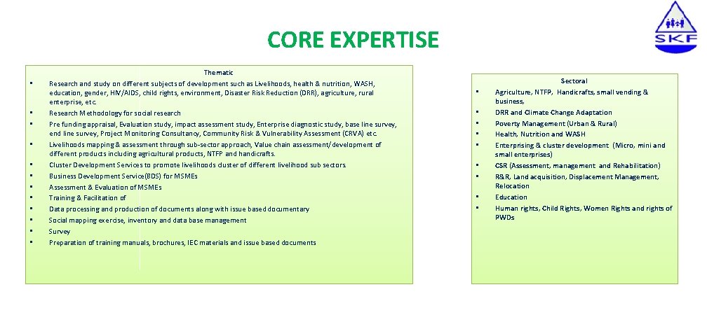 CORE EXPERTISE • • • Thematic Research and study on different subjects of development