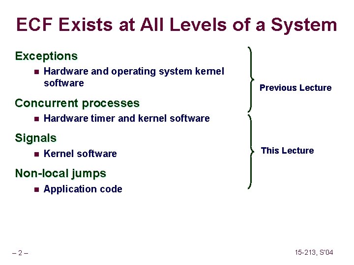 ECF Exists at All Levels of a System Exceptions n Hardware and operating system