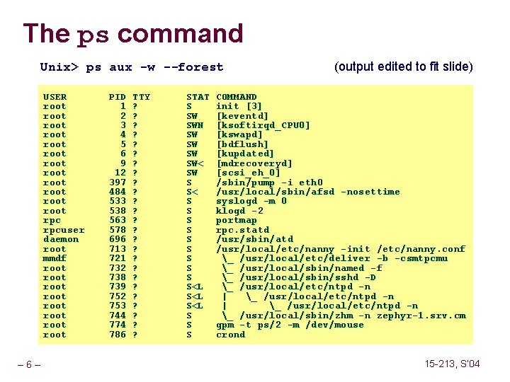 The ps command Unix> ps aux -w --forest USER root root root rpcuser daemon