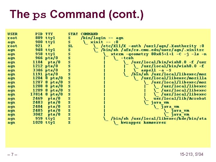 The ps Command (cont. ) USER root agn agn agn agn agn – 7–